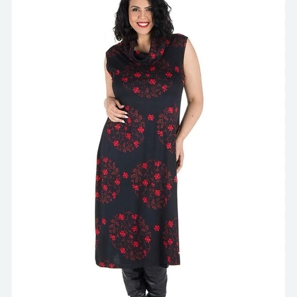 Aller Simplement Womans Midi Dress Sz XL Cowel Neck Sleeveless Black Red Cotton - Picture 2 of 11